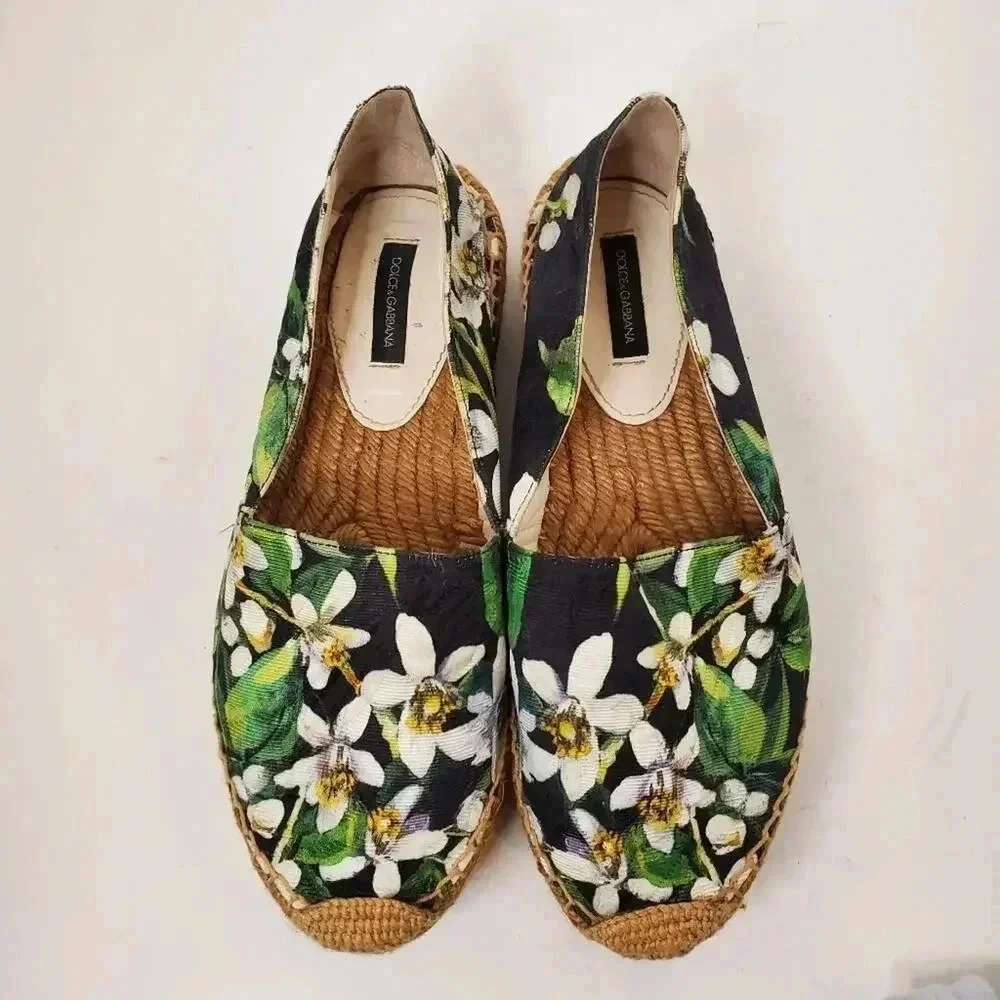Dolce & Gabbana Multicolor Floral Print Brocade Fabric Espadrille Flats Size 37